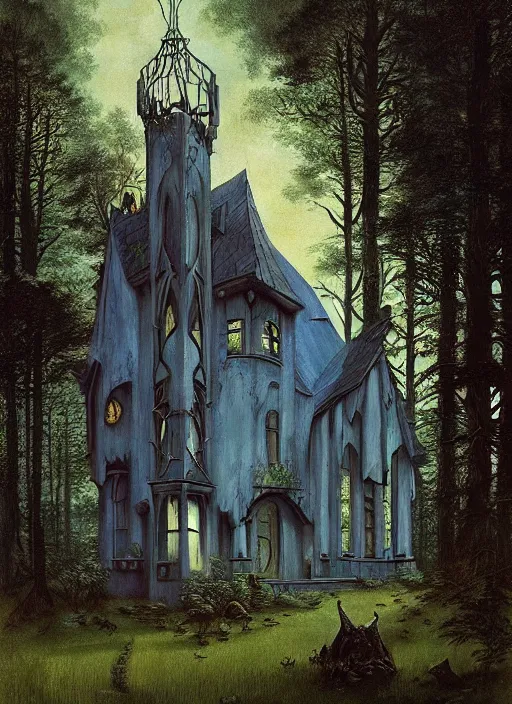 Image similar to hyper realistic witchy modern gothic house with mood lighting and tech in the woods gorgeous lighting, sunbeams blue sky, highly detailed, lush forest foliage painting by zdzisław beksinski and norman rockwell and greg rutkowski weta studio, and lucasfilm