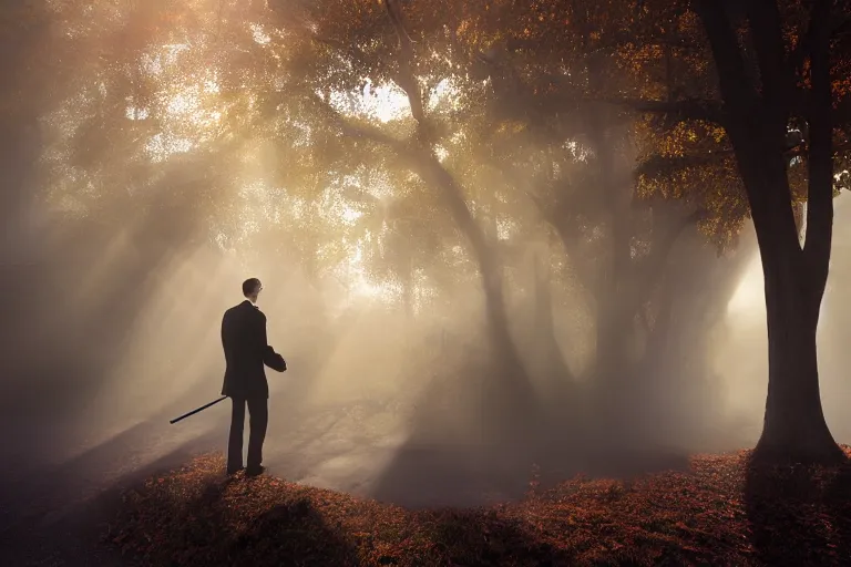 Image similar to business man smoking herb on the front stoop by marc adamus, morning, mist, smoke, rays of light, beautiful