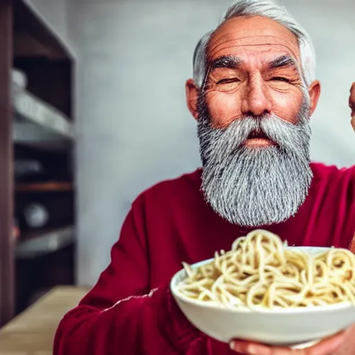 Prompt: an older man with a long grey beard eating noodles