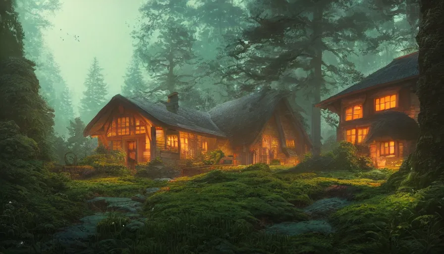 Image similar to A highly detailed matte painting of cottage in a dark forest, by Studio Ghibli, Makoto Shinkai, by Artgerm, by beeple, by Greg Rutkowski, volumetric lighting, octane render, 4K resolution, trending on artstation, masterpiece