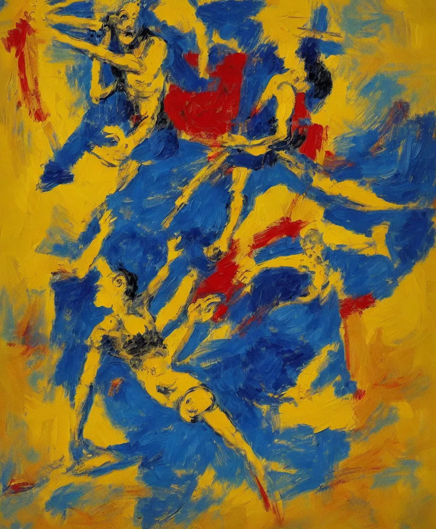 Image similar to a warrior with a blue and yellow flag defeats satan, expressive abstractionism, impressionism, many small saturated hard relief strokes of oil on canvas with high detail