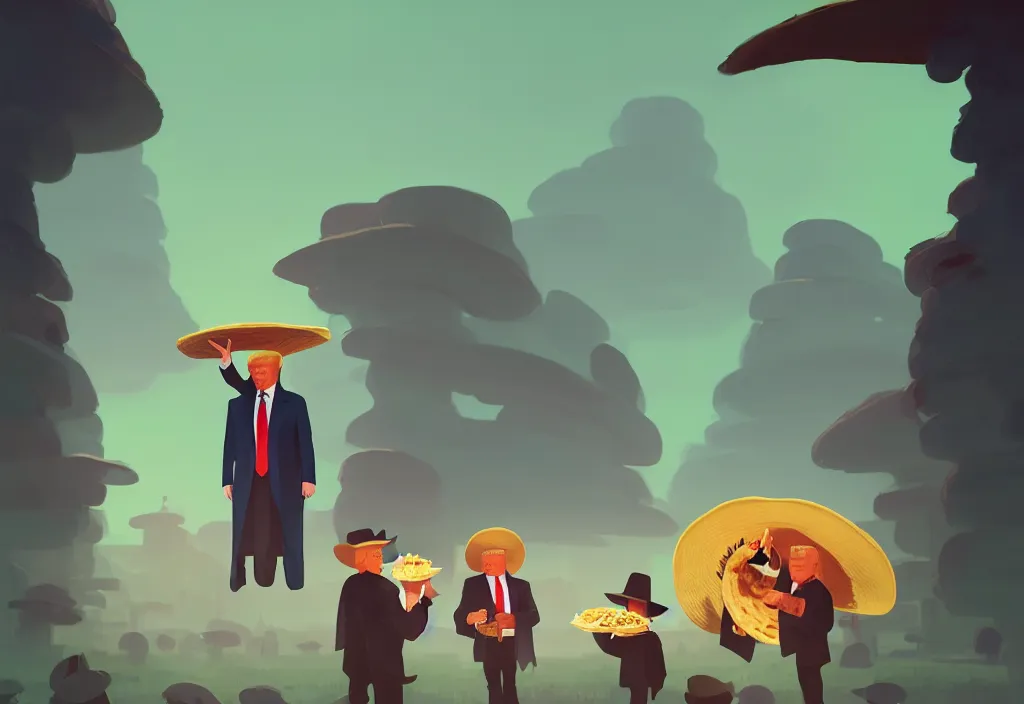 Prompt: donald trump dressed in poncho and sombrero holding a taco, presidental elections candidates, cnn, fox news, fantasy, by atey ghailan, by greg rutkowski, by greg tocchini, by james gilleard, by joe gb fenton, dynamic lighting, gradient light green, brown, blonde cream, salad and white colors in scheme, grunge aesthetic