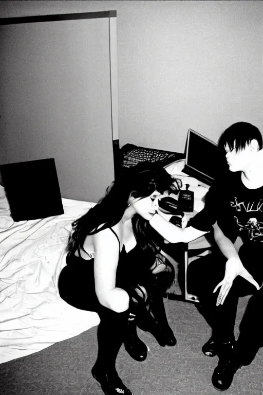 Image similar to sad goths in a dirty hotel room using computers, 1990s photograph