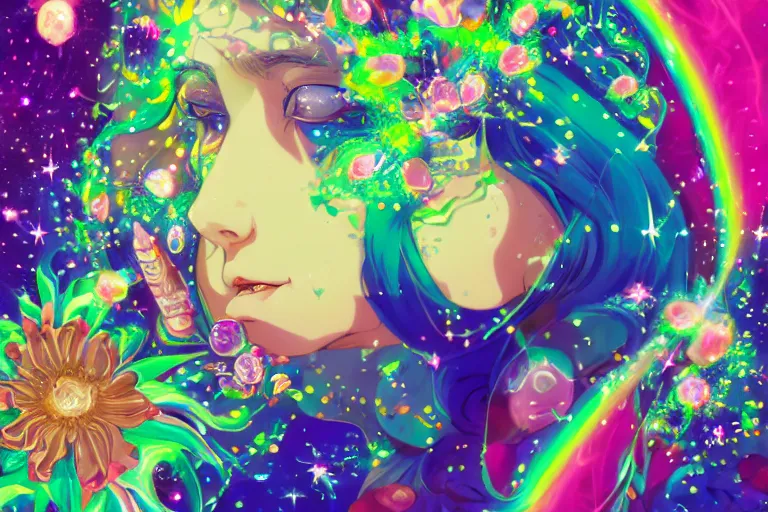 Prompt: psychedelic, whimsical, anime, 4k, beautiful lusty woman smoking weed, with professional makeup, long trippy hair, a crystal and flower dress, sitting on a reflective pool, surrounded by gems, underneath the stars, rainbow fireflies, trending on patreon, deviantart, twitter, artstation, volumetric lighting, heavy contrast, art style of Greg Rutkowski and Miho Hirano