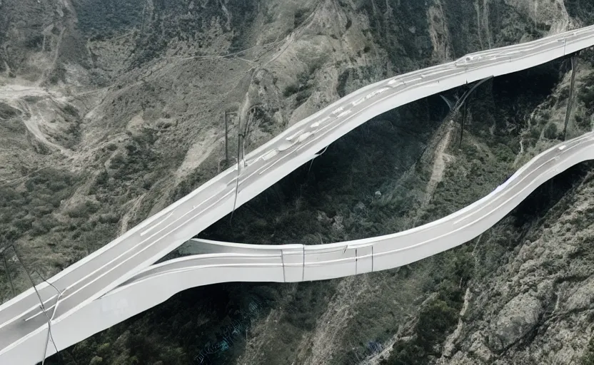 Prompt: valley made of reflective metal, single futuristic car driving on elevated highway