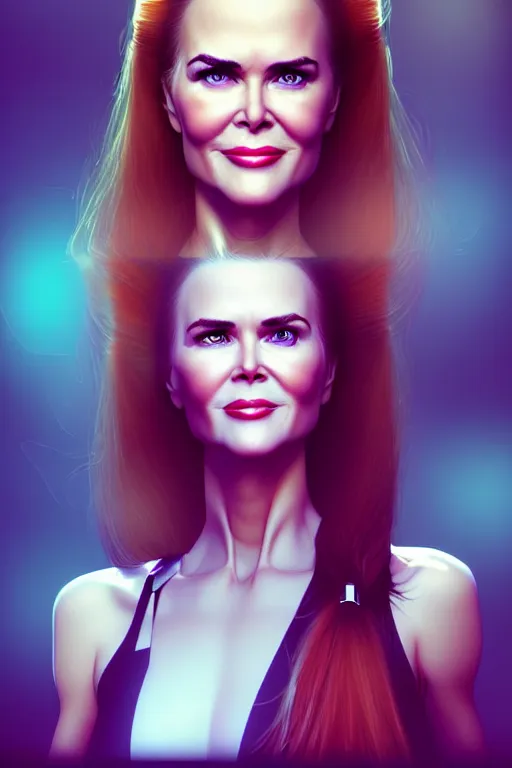 Image similar to mix of beautiful young maria shriver, mariel hemmingway, brooke shields, nicole kidman and elle macpherson as a cyborg terminator, thin lips, hair tied up in a pony tail, dark blonde hair, colorful, artstation, cgsociety