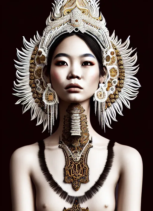 Prompt: absurdly beautiful young thai woman with symmetrical white makeup, wearing an intricate headdress made from bones, wearing large earrings made from white bones, hyperdetailed illustration by irakli nadar and alexandre ferra, intricate linework, in the style of a national geographic portrait, unreal engine 5 highly rendered, global illumination, radiant light, detailed and intricate environment