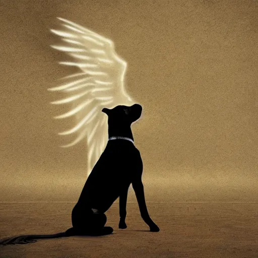 Image similar to a man saying goodbye to his black Staffordshire bull terrier with angel wings, soft lighting, beautiful, heavenly, digital art