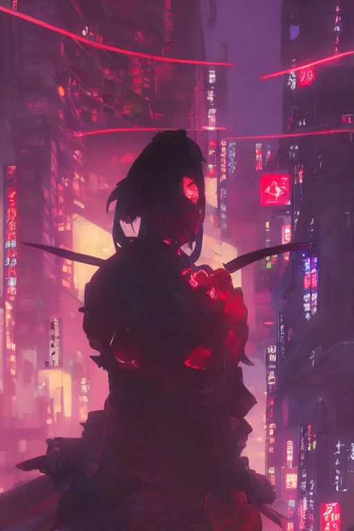 Image similar to portrait of yokai ninja slayer, japan, in cyberpunk, neon lighting, night city, digital art from artstation by Ruan Jia and Mandy Jurgens and Artgerm and william-adolphe bouguereau and Greg Rutkowski