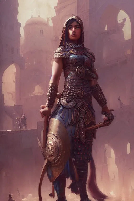 Prompt: half - body, a strong looking female persian warrior, very detailed, medieval iranian city, ornate, ross tran, ruan jia, tom bagshaw, greg rutkowski, 1 6 k, headroom, warm, character illustration, clean, soft