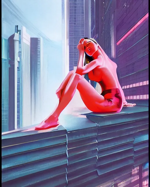 Prompt: a picture of a woman sitting on a ledge, cyberpunk art by allen jones and by james rosenquist and by noriyoshi ohrai, cgsociety, figurative art, airbrush art, made of liquid metal, synthwave