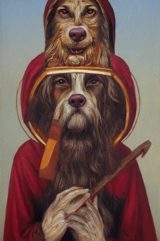 Prompt: Slavic dog head man, Orthodox Saint Christopher, oil painting, hyperrealism, beautiful, high resolution, trending on artstation, with an axe,