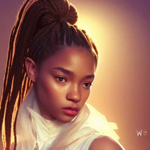 Image similar to a photorealistic hyperrealistic, bright brown eyes, light skinned african american young girl, ponytail hair, flawless face, beautiful lips, cute face, gorgeous white veil, by wlop, artgerm, greg rutwoski, alphonse mucha, beautiful dynamic dramatic low - light moody lighting, cinematic atmosphere, artstation, concept design art, octane render, 8 k