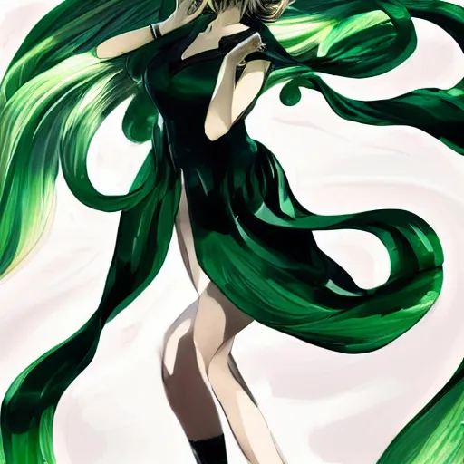 Image similar to tatsumaki from one punch man, green wavy hair, black dress, fine details, sharp focus, intricate, by cushart krenz, by makoto shinkai, by wlop, by artgerm