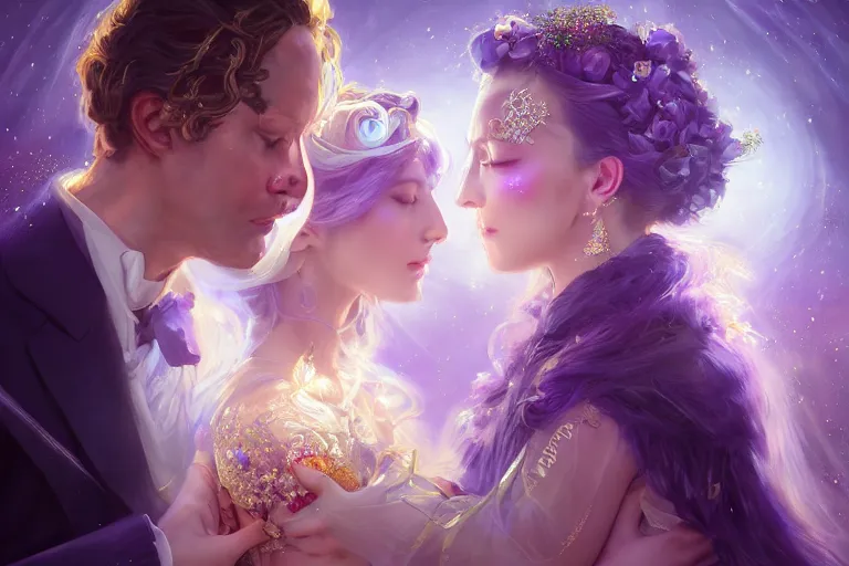 Image similar to a dreamlike cinematic portrait of wedding photograph close up moment of a divine a russia sun god and moon goddess lovers magician at a wedding banquet. portraiture. digital painting. artstation. concept art. fantasy wedding photo. digital painting, 8 k realistic, hyper detailed, violet evergarden art masterpiece by art by krenz cushart