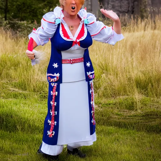 Prompt: female Donald Trump in bavarian dress , 50mm photography, high quality, 4K