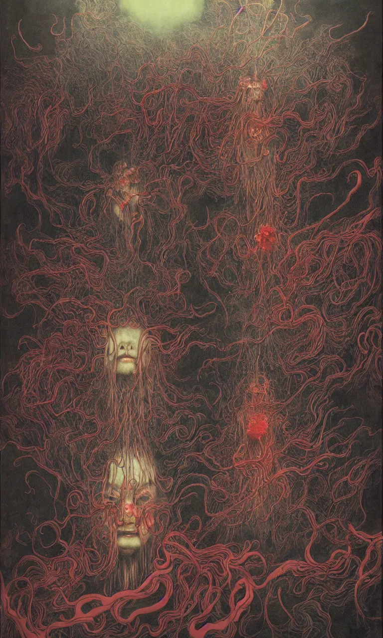 Image similar to zhongyuan festival, chinese ghost festival, king of hell, inside page of comic book, psychedelic lights and fog, in the style of zdzislaw beksinski, ayami kojima, takato yamamoto, barclay shaw, karol bak, glowing light and shadow, hyperrealist