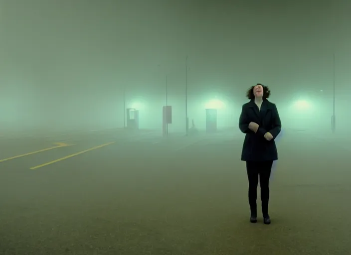 Image similar to cinematic screenshot high wide angle shot of olivia coleman standing outside in a foggy desolate eerie department store empty parking lot, one car, paranoia everywhere, scene from the tense thriller film directed by spike jonze, volumetric hazy lighting, anamorphic lens, moody cinematography, 3 5 mm kodak color ektochrome