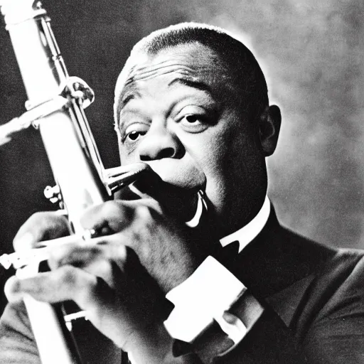 Prompt: 1 9 3 0 s photo of louis armstrong playing a flute, black and white photo