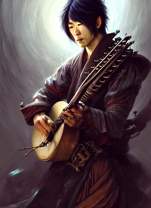 Image similar to a strong japanese male bard playing lute, full body, hyper realistic, blade runner, extremely detailed, dnd character art portrait, dark fantasy art, intricate fantasy painting, steampunk, dramatic lighting, vivid colors, deviantart, artstation, by clyde caldwell and krenz cushart and artem demura and john williams waterhouse