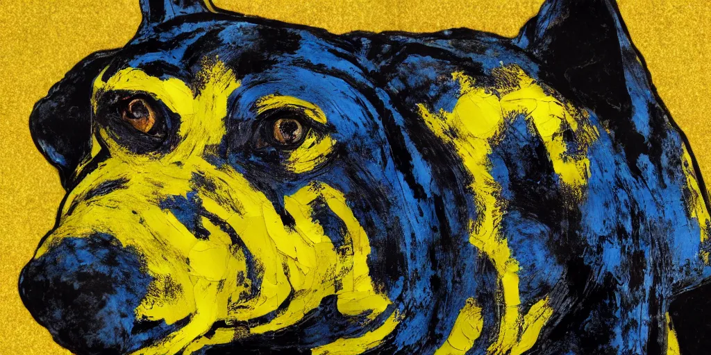 Image similar to rendered in blender scary dog on wired, yellow, blue and black, collage paper and tape, acrylic on canvas, hyperrealism mixed with expressionism, high resolution, cinematic, unreal 6, breathtaking detailed, by blake neubert