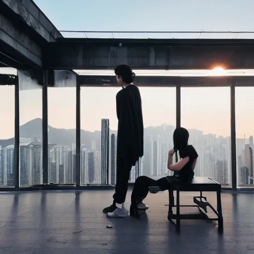 Image similar to a small rooftop with a couple of people sitting and watching the view, wearing black modern clothes, designed by rick owens, messy short hair, modern hong kong is on the background, sunset, pale colors, by gregory crewdson