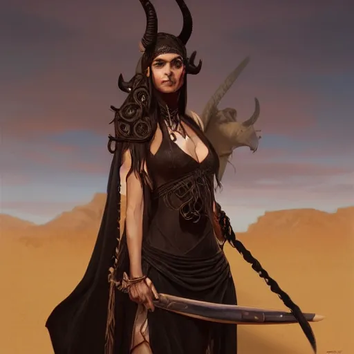 Image similar to portrait of a berber tiefling woman with long straight horns and black hair in a desert, strong, fierce, elegant, fantasy, highly detailed, digital painting, artstation, concept art, character art, art by greg rutkowski and tyler jacobson and alphonse mucha