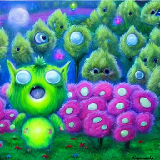 Prompt: cute fluffy aliens with big eyes and big ears in field of weird luminescent flowers and succulent trees detailed oil painting 4 k