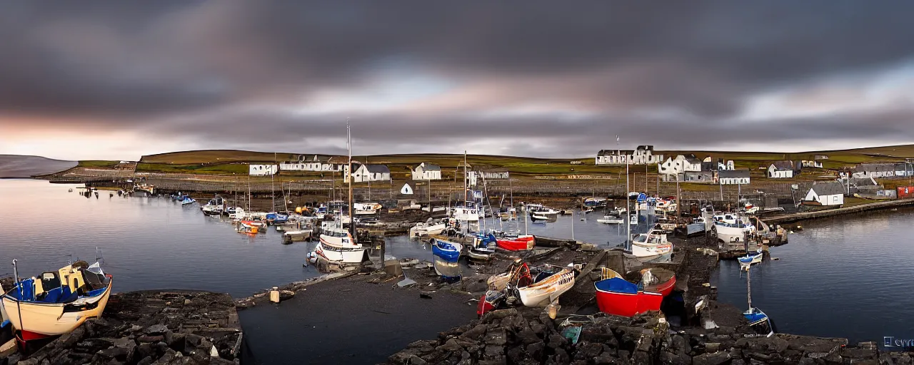 Prompt: a landscape photograph of the harbour at Stromness orkney, by Edward Burtynsky, wide angle, sunset