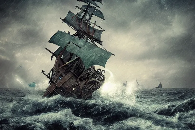 Image similar to epic pirate ship in a storm as cthulhu rises from the sea, in the style of vernon grant and chris van allsburg, trending on artstation, bright tilt - shift camcorder effect, photoshop, retrowave, hyperrealism,