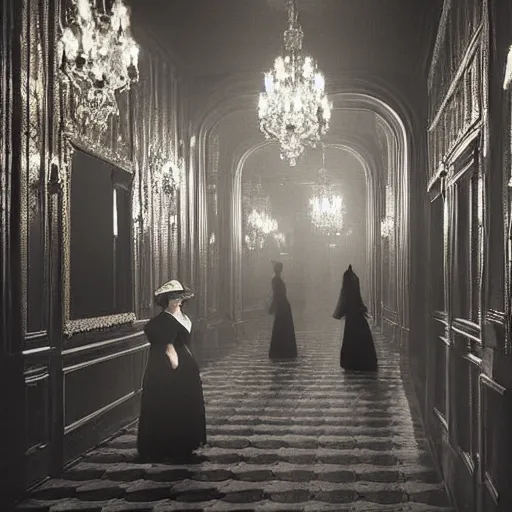 Image similar to a beautiful victorian woman is frightened by her doppleganger in a mirror. she is in a long hallway of mirrors. victorian interior, with many mirrors, twins, elegant design, haunting atmosphere, dark lighting, gothic, horror style, scary, swirling fog, volumetric lighting, by greg rutkowski, realistic, dutch angle, zombies