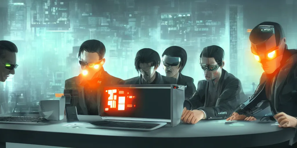 Image similar to 3 gards in an office hacking into a computer using a laptop, matrix style falling orange text in the background, cyberpunk, artstation