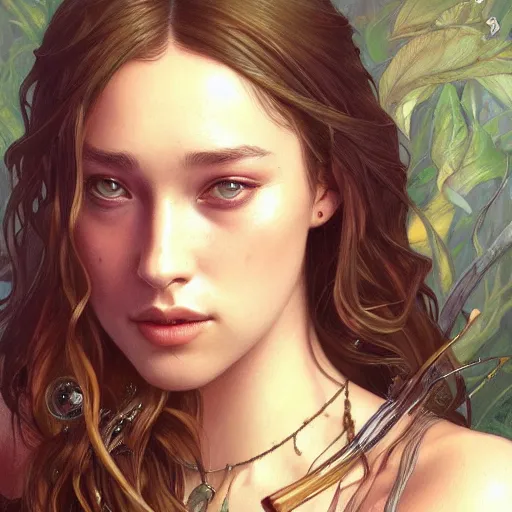 Prompt: Alycia Debnam-Carey, fantasy, intricate, elegant, highly detailed, digital painting, artstation, concept art, matte, sharp focus, illustration, art by Artgerm and Greg Rutkowski and Alphonse Mucha, purple ochre crimson color scheme