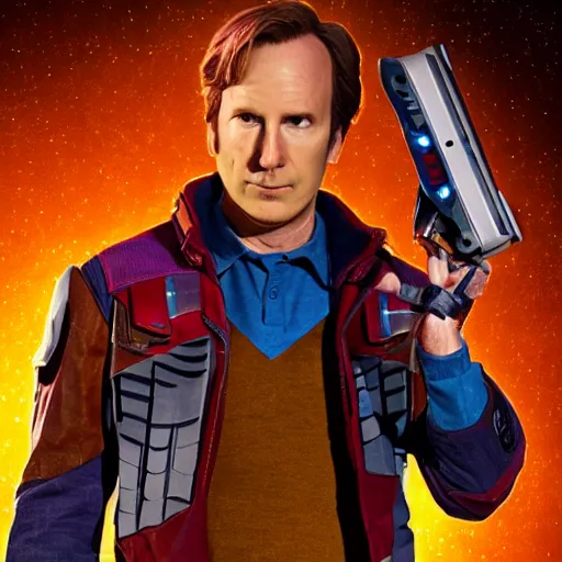 Image similar to Bob Odenkirk as Star Lord from Guardians of the Galaxy, photorealistic, cinematic lighting,