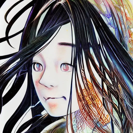 Image similar to yoshitaka amano realistic illustration of an anime girl with black eyes and long wavy white hair wearing dress suit with tie and surrounded by abstract junji ito style patterns in the background, subtle color palette, blurry and dreamy illustration, noisy film grain effect, highly detailed, oil painting with expressive brush strokes, weird camera angle, three quarter view portrait