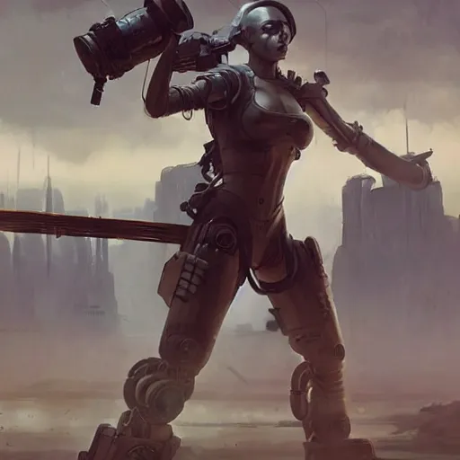 Image similar to a highly detailed epic cinematic concept art CG render digital painting artwork: dieselpunk Soviet cyborg. By Greg Rutkowski, Ilya Kuvshinov, WLOP, Stanley Artgerm Lau, Ruan Jia and Fenghua Zhong, trending on ArtStation, subtle muted cinematic colors, made in Maya, Blender and Photoshop, octane render, excellent composition, cinematic atmosphere, dynamic dramatic cinematic lighting, precise correct anatomy, aesthetic, very inspirational, arthouse