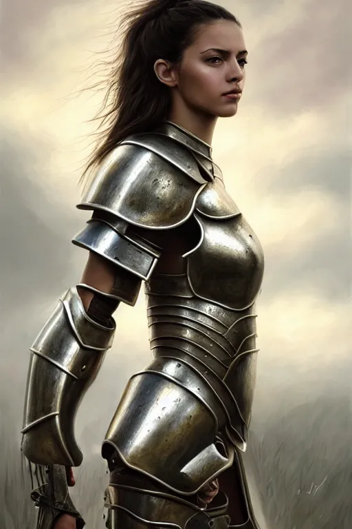 Prompt: a photorealistic painting of an attractive young girl, partially clothed in metal-plated battle armor, standing in front of a distant landscape, olive skin, fair complexion, long dark hair, flawless skin, beautiful bone structure, perfectly symmetric facial features, perfect photorealistic eyes, natural physique, intricate, elegant, digital painting, concept art, finely detailed, beautifully illustrated, sharp focus, minimal artifacts, volumetric lighting, from Metal Gear, by Ruan Jia and Mandy Jurgens and Artgerm and William-Adolphe Bouguerea, in the style of Greg Rutkowski, trending on Artstation, award winning art