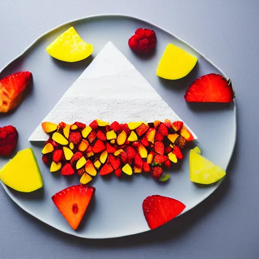 Image similar to beautiful photo of the pyramids made of fruit pieces on a white plate, dslr