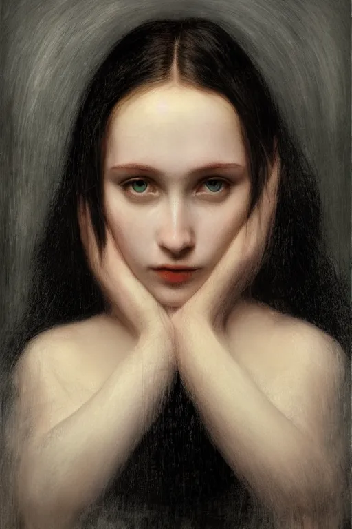 Image similar to young woman's face breaking the waters surface, long black hair, pale skin, symmetrical face, photorealism, 4k, dramatic lightning, by Millais,