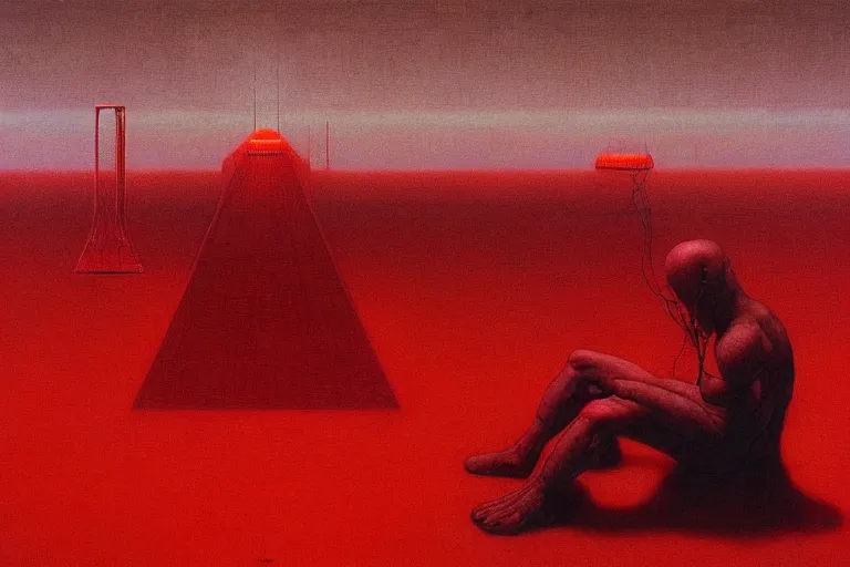 Image similar to only with red, red god of death eat apple, a futuristic city on mars in the background, red worms on the floor, in the style of beksinski, part by hopper, part by rodcenko, part by hofbauer, intricate composition, red by caravaggio, insanely quality, highly detailed, masterpiece, red light, artstation, 8 k