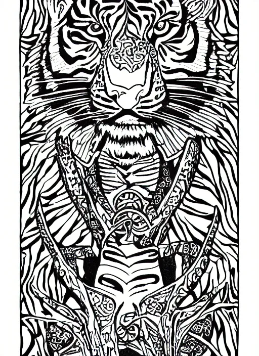 Image similar to wild tiger, black and white illustration, art nouveau, highly detailed, clean line art, tarot card style