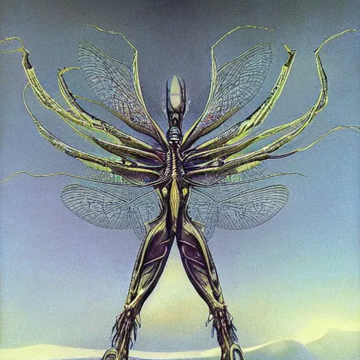 Image similar to cosmic alien dragonflies await you at the end of all of space and time by Gerald Brom and Zdzisław Beksiński