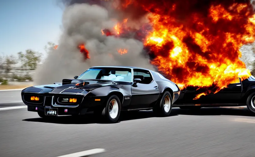 Image similar to a black 1 9 7 3 pontiac firebird trans am sd - 4 5 5 driving high speed, fire explosion in the background, action scen. realistic. high resolution. dramatic