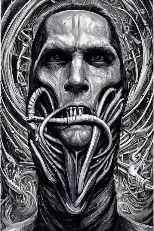 Prompt: portrait of streamer jerma 9 8 5!!, jeremy elbertson, painting by h. r. giger, lovecraftian horror, strands of being, metal album cover, high detail, sharp, sus guy, human figure, permanent bond between metal and man, still image of twitch stream, facecam