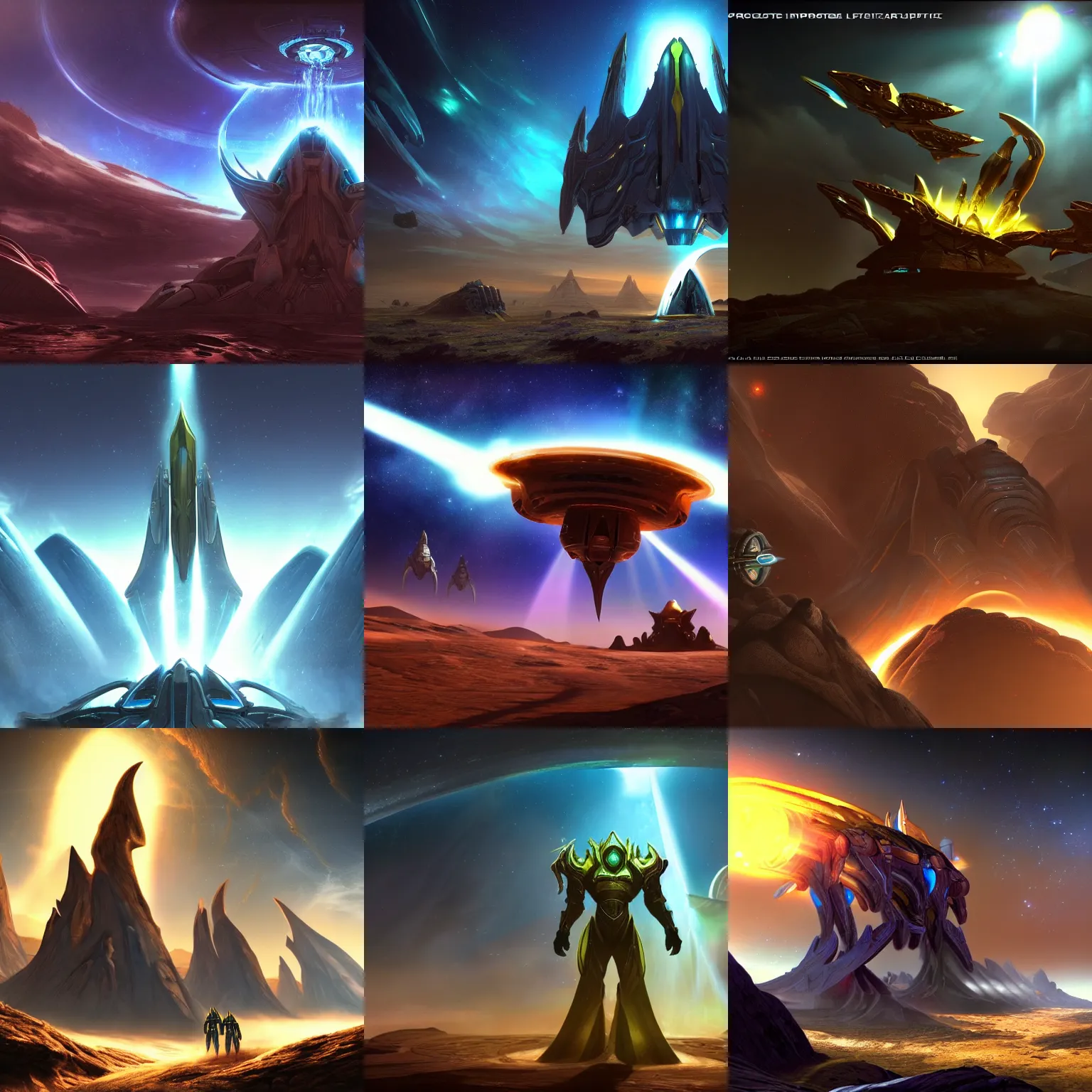 Prompt: out of world protoss spaceship in another planet, dramatic lighting, incredible detail