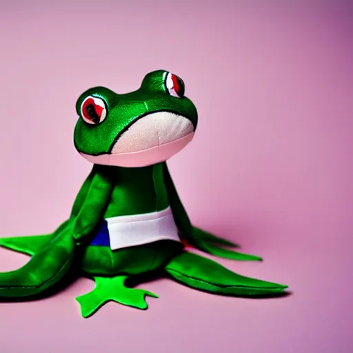 Image similar to cute plushie frog wearing a sailor suit, studio photography,