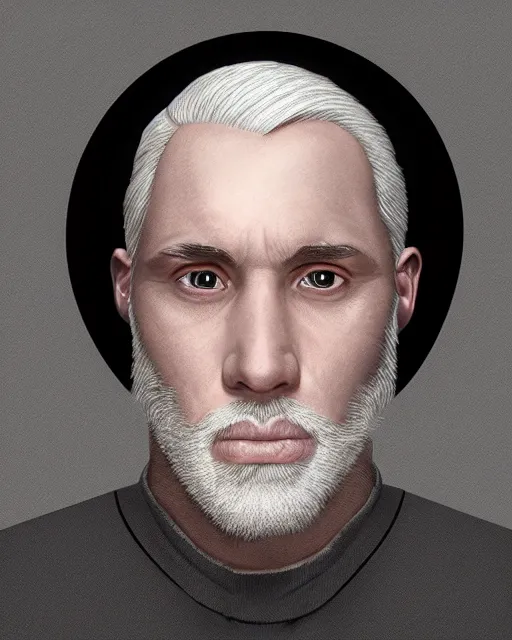 Image similar to portrait of 4 0 - year - old man with white hair with a pale complexion, pointed face and grey eyes, clear smooth face, no beard, wearing all black clothes, haughty facial expression, hyper realistic face, beautiful eyes, character art, art by mark brooks, hyperdetailed, cryengine, trending on artstation, digital art