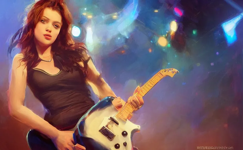 Prompt: rockstar girl playing electric guitar on stage. by edward robert hughes, by konstantin razumov, by william - adolphe bouguerea, by artgerm, pixar, artstation trending, concept art, digital art, digital painting, dramatic lighting, sharp focus, highly detailed, vxf movie, cinematic