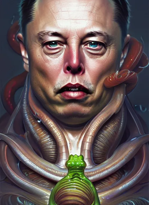 Image similar to elon musk as slimy mollusk character, drool, wide angle, elegant, highly detailed, digital painting, artstation, concept art, wallpaper, smooth, sharp focus, illustration, art by h. r. giger and artgerm and greg rutkowski and alphonse mucha