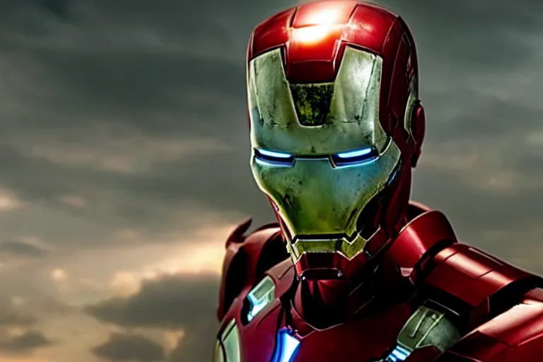 Image similar to film still of zombie Tony Stark in Ironman armor with no headpiece in new avengers movie, 4k